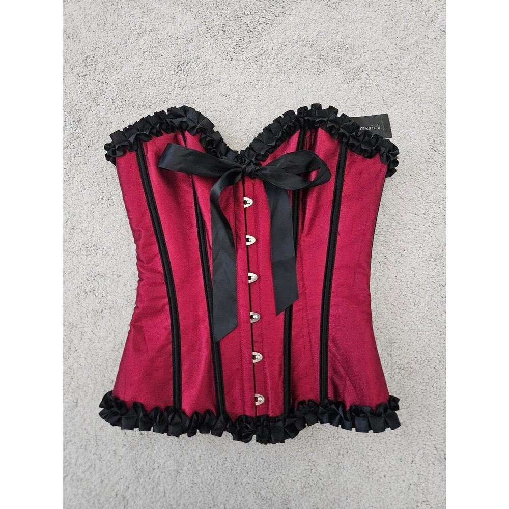 NWT Lovesick Corset Womens Small/Medium Bordeaux Black Lace Up Ruffle Bow Boning